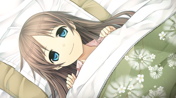 Anime picture 2560x1440 with monobeno sawai natsuha cura long hair highres blue eyes brown hair wide image game cg lying girl pillow