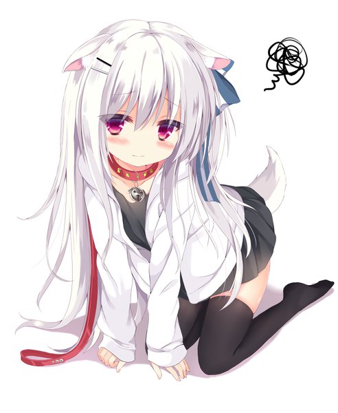 Anime picture 820x1000 with original koinu-chan kujou danbo single long hair tall image looking at viewer blush fringe simple background hair between eyes white background purple eyes animal ears white hair tail long sleeves animal tail no shoes zettai ryouiki