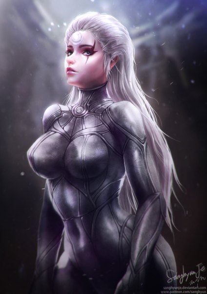 Anime picture 1300x1838 with league of legends diana (league of legends) sanghyunje single long hair tall image looking at viewer breasts blue eyes standing silver hair lips realistic lipstick facial mark silver eyes pink lipstick makeup girl armor