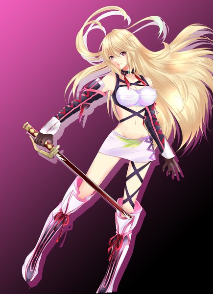 Anime picture 2480x3419 with neo (artist) single long hair tall image looking at viewer highres light erotic blonde hair pink eyes midriff purple background girl navel weapon detached sleeves miniskirt sword boots