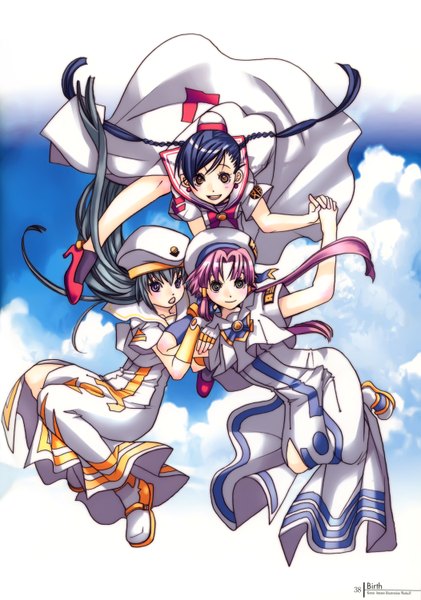 Anime picture 4208x6000 with aria mizunashi akari alice carroll aika s granzchesta amano kozue long hair tall image highres black hair purple eyes multiple girls brown eyes green eyes pink hair absurdres scan girl hat 3 girls