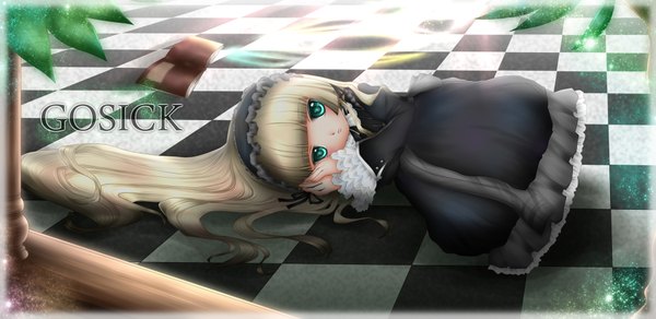 Anime picture 1800x876 with gosick studio bones victorique de blois long hair highres blonde hair wide image green eyes lying loli checkered floor dress headdress black dress maid headdress book (books)