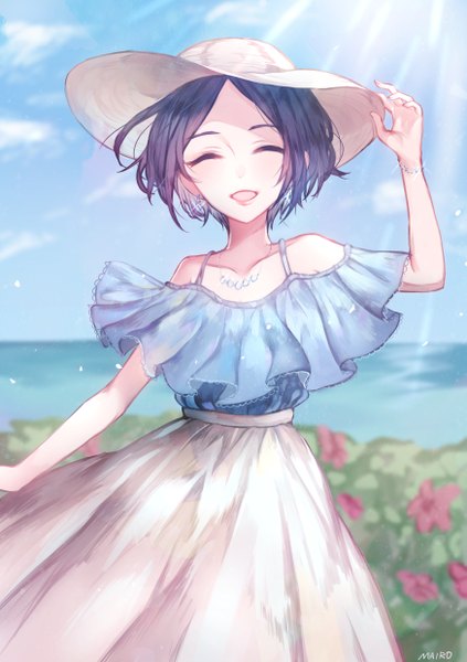 Anime picture 1748x2480 with idolmaster idolmaster cinderella girls hayami kanade mairo (ilo) single tall image blush highres short hair open mouth bare shoulders purple hair eyes closed sunlight flower of catharsis girl skirt flower (flowers) hat earrings