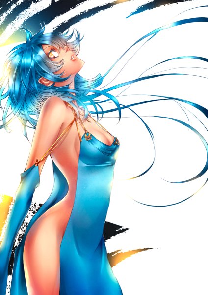 Anime picture 849x1200 with brave 10 isanami kristallin-f (artist) single long hair tall image light erotic yellow eyes blue hair girl dress detached sleeves pendant