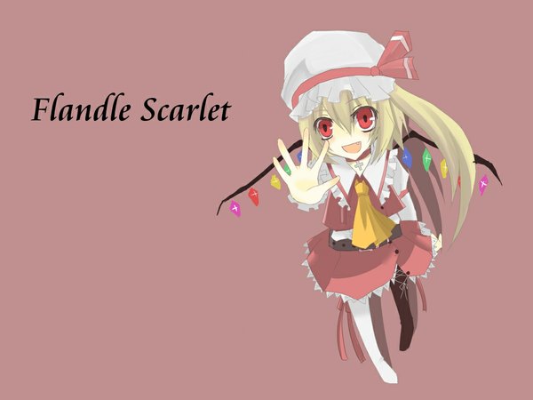 Anime picture 1024x768 with touhou flandre scarlet blonde hair one side up chibi vampire girl skirt ribbon (ribbons) hat wings skirt set