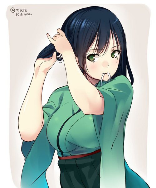 Anime picture 667x800 with kantai collection souryuu aircraft carrier matsukawa (pale scarlet) single long hair tall image fringe breasts large breasts holding green eyes signed blue hair looking away traditional clothes japanese clothes grey background wide sleeves mouth hold adjusting hair