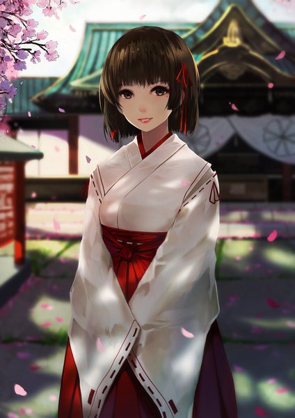 Anime picture 1061x1500 with original bba1985 single tall image looking at viewer fringe short hair smile brown hair standing brown eyes traditional clothes parted lips japanese clothes lips sunlight blurry mole wide sleeves depth of field