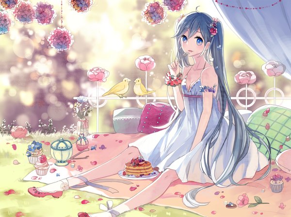 Anime picture 2000x1490 with vocaloid hatsune miku kyang692 single looking at viewer blush highres open mouth blue eyes twintails blue hair very long hair girl dress animal petals socks sweets bird (birds) white socks