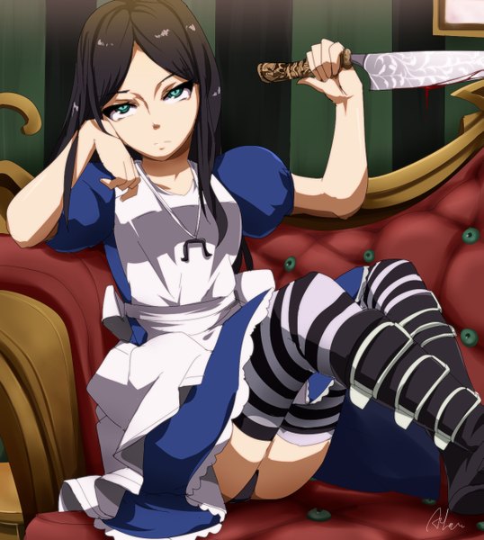 Anime picture 1209x1348 with american mcgee's alice (game) alice: madness returns alice (american mcgee's) umakatsuhai single tall image light erotic black hair green eyes pantyshot sitting girl thighhighs dress underwear panties blood striped thighhighs couch knife