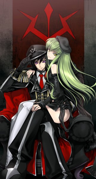 Anime picture 800x1484 with code geass sunrise (studio) c.c. lelouch lamperouge creayus long hair tall image looking at viewer fringe short hair light erotic black hair sitting purple eyes yellow eyes green hair couple girl boy gloves