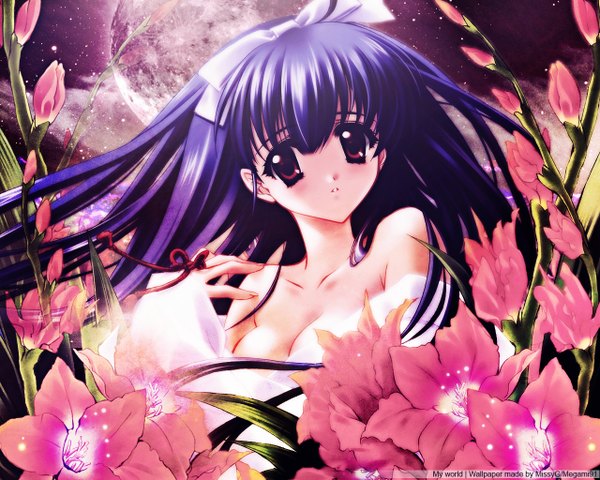 Anime picture 1280x1024 with touka gettan kawakabe momoka carnelian missyg single long hair fringe breasts red eyes large breasts bare shoulders signed cleavage purple hair parted lips third-party edit girl flower (flowers) ribbon (ribbons) hair ribbon