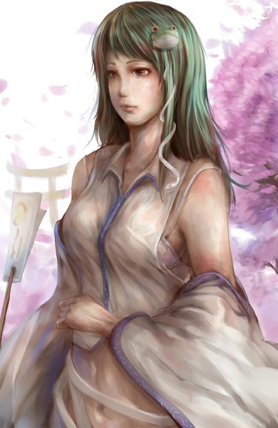 Anime picture 650x1000 with touhou kochiya sanae erinerin99 single long hair tall image brown eyes looking away green hair girl navel hair ornament plant (plants) detached sleeves tree (trees)