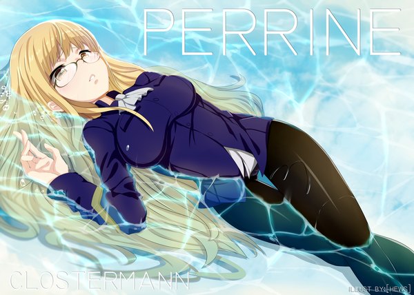 Anime picture 1288x920 with strike witches perrine h clostermann hews single long hair light erotic blonde hair yellow eyes lying girl shirt pantyhose water glasses black pantyhose