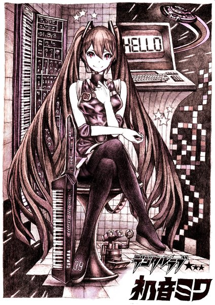 Anime picture 1200x1697 with vocaloid hatsune miku nobita (makoto7060355) long hair tall image red eyes sitting twintails pink eyes crossed legs monochrome girl star (symbol) microphone musical instrument robot number (numbers) monitor piano computer