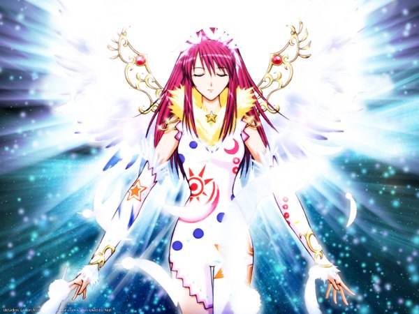 Anime picture 1280x960 with kaleido star gonzo naegino sora single long hair pink hair eyes closed girl detached sleeves wings pendant feather (feathers)