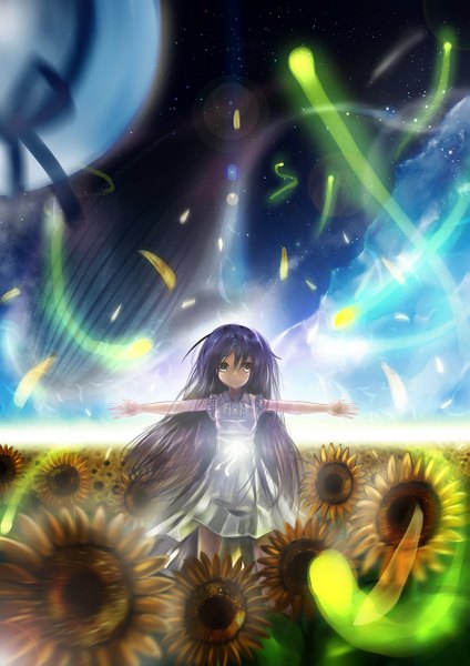 Anime picture 877x1240 with original shino miduki single long hair tall image looking at viewer purple hair wind grey eyes spread arms girl dress flower (flowers) hat petals sunflower