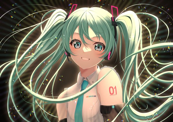 Anime picture 2064x1457 with vocaloid hatsune miku yoshiki 3821 single long hair looking at viewer highres smile twintails upper body aqua eyes aqua hair grin girl necktie headphones headset