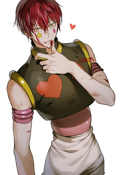 Anime picture 700x1000 with hunter x hunter hisoka (hunter x hunter) sorolp single tall image looking at viewer fringe short hair simple background hair between eyes white background signed yellow eyes red hair from above finger to mouth face paint heart print bleeding boy