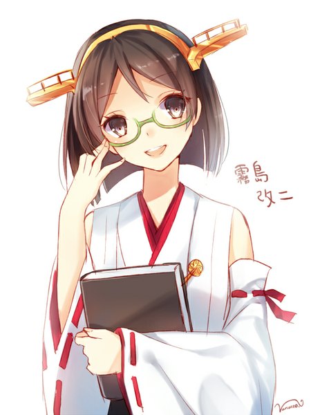 Anime picture 600x800 with kantai collection kirishima battleship nunucco single tall image short hair open mouth simple background brown hair white background brown eyes signed looking away traditional clothes japanese clothes nontraditional miko girl hair ornament detached sleeves glasses