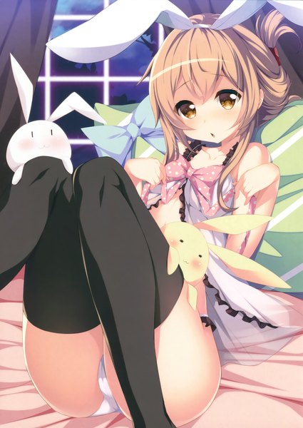Anime picture 2415x3406 with kantai collection inazuma destroyer gabao. single tall image looking at viewer highres short hair open mouth light erotic brown hair brown eyes animal ears scan bunny ears girl thighhighs underwear panties bow
