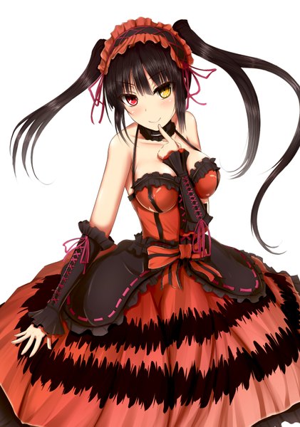 Anime picture 1252x1783 with date a live tokisaki kurumi long hair tall image blush black hair simple background smile white background twintails bare shoulders heterochromia uneven twintails girl dress detached sleeves frills