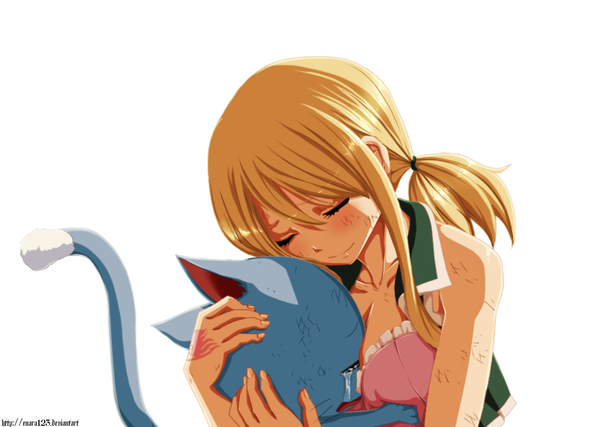Anime picture 1000x712 with fairy tail lucy heartfilia happy (fairy tail) enara123 long hair blush simple background blonde hair smile white background twintails eyes closed tattoo hug tears coloring crying girl animal cat