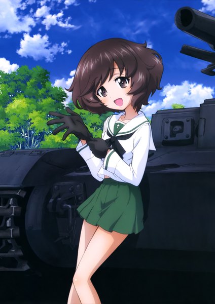 Anime picture 2889x4091 with girls und panzer akiyama yukari single tall image looking at viewer blush highres short hair open mouth black hair sky cloud (clouds) black eyes scan official art girl skirt gloves uniform plant (plants)