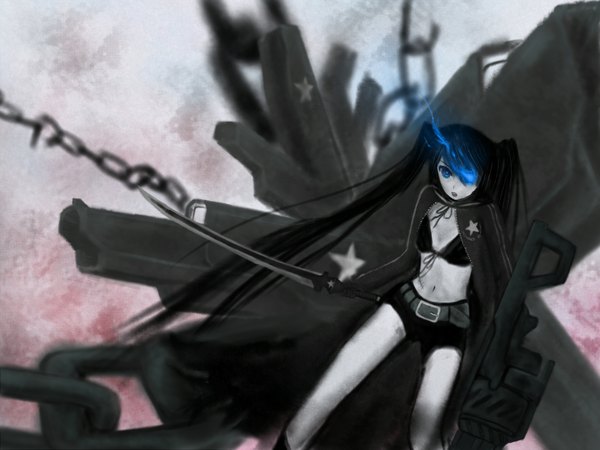 Anime picture 2200x1650 with black rock shooter black rock shooter (character) single long hair highres open mouth blue eyes black hair twintails glowing glowing eye (eyes) girl weapon sword shorts chain bikini top huge weapon