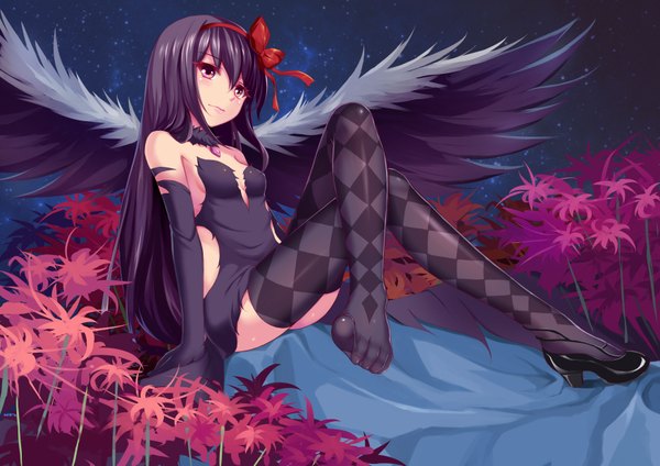 Anime picture 3507x2480 with mahou shoujo madoka magica shaft (studio) akemi homura akuma homura beiyu (artist) single long hair looking at viewer highres light erotic black hair sitting purple eyes bare shoulders absurdres crossed legs rhombus girl thighhighs dress