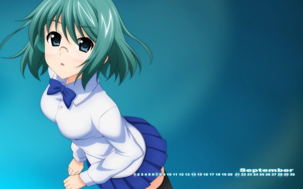Anime picture 1920x1200 with original wave ride looking at viewer highres short hair open mouth blue eyes wide image green hair calendar 2013 girl thighhighs skirt black thighhighs shirt glasses calendar
