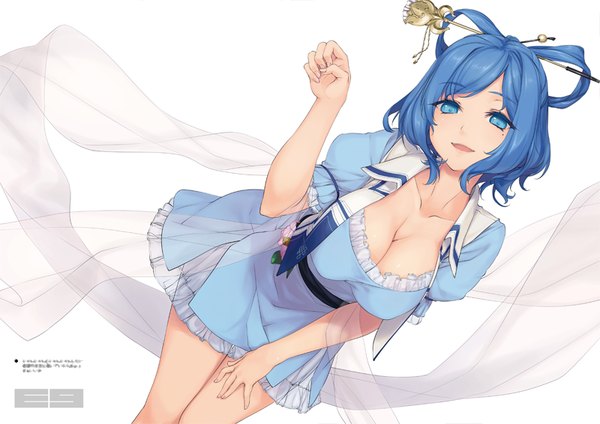 Anime picture 800x566 with touhou kaku seiga rokuwata tomoe single looking at viewer fringe short hair breasts open mouth blue eyes light erotic simple background large breasts standing white background blue hair cleavage nail polish fingernails light smile
