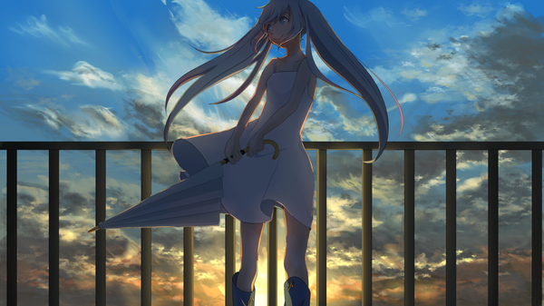 Anime picture 1200x675 with vocaloid hatsune miku single long hair blue eyes smile wide image twintails blue hair looking away sky cloud (clouds) evening sunset closed umbrella girl dress umbrella sundress