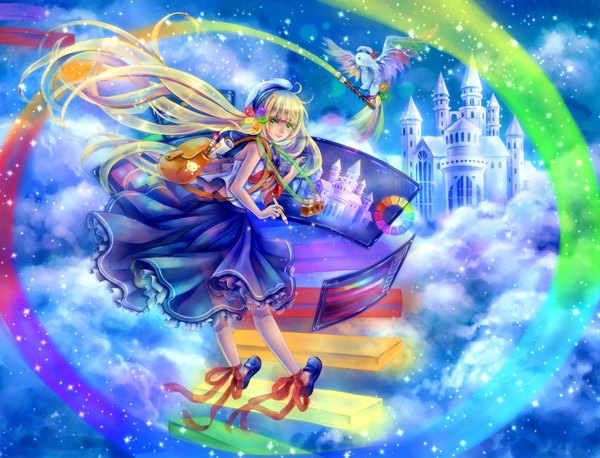 Anime picture 4092x3124 with original daphne zhang single looking at viewer fringe highres blonde hair green eyes absurdres sky cloud (clouds) fantasy walking girl dress hair ornament ribbon (ribbons) hat animal shoes