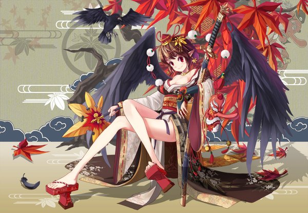 Anime picture 1417x982 with touhou shameimaru aya shinebell short hair smile red eyes brown hair sitting cloud (clouds) japanese clothes pointy ears shadow black wings sayagata tengu girl weapon hat animal sword