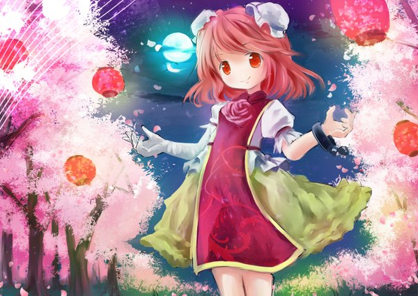 Anime picture 1416x1003 with touhou ibaraki kasen risutaru single looking at viewer blush short hair red eyes red hair night hair bun (hair buns) night sky cherry blossoms spread arms faux traditional media girl gloves plant (plants) petals tree (trees)