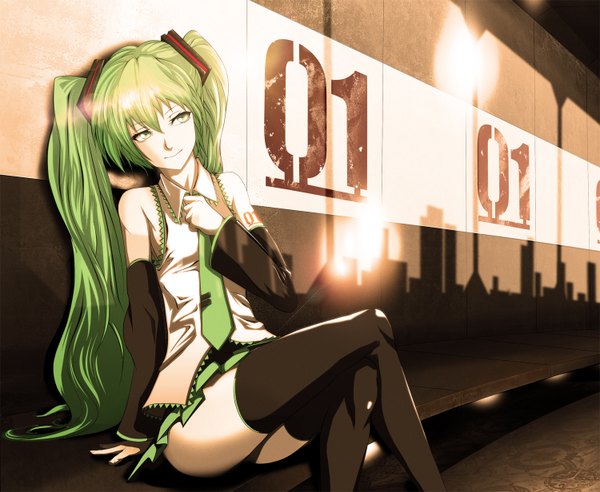 Anime picture 1500x1232 with vocaloid hatsune miku infinote single highres sitting twintails green eyes very long hair green hair zettai ryouiki crossed legs girl thighhighs skirt black thighhighs detached sleeves miniskirt necktie