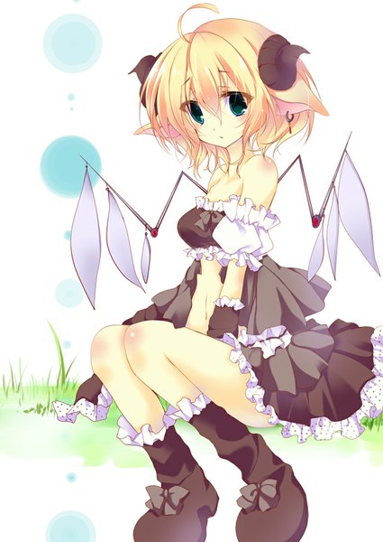 Anime picture 752x1062 with original umino mizu single tall image short hair blue eyes blonde hair bare shoulders animal ears ahoge horn (horns) girl dress wings frills