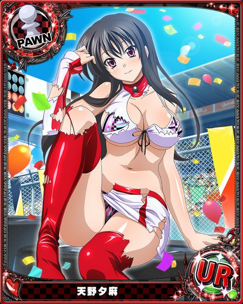 Anime picture 640x800 with highschool dxd raynare (dxd) single long hair tall image looking at viewer blush breasts light erotic black hair large breasts purple eyes pantyshot torn clothes card (medium) girl skirt navel underwear panties