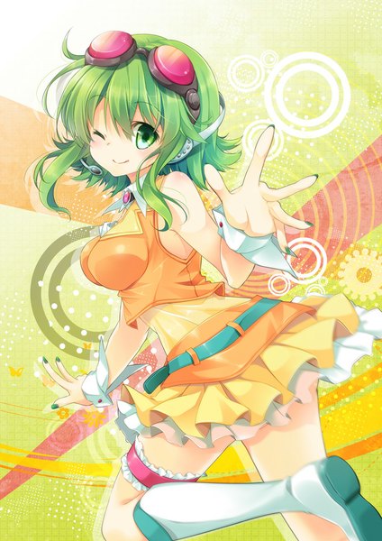 Anime picture 707x1000 with vocaloid gumi mocha (naturefour) single long hair tall image looking at viewer breasts smile green eyes nail polish one eye closed fingernails green hair wink sleeveless goggles on head girl dress boots