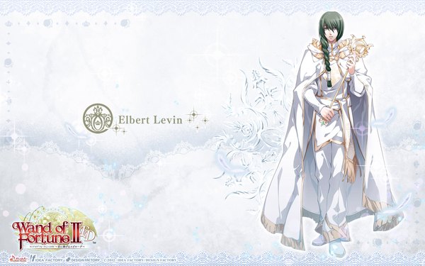 Anime picture 1920x1200 with wand of fortune 2 idea factory elbert levin usuba kagerou single long hair looking at viewer highres wide image green eyes braid (braids) green hair inscription wallpaper single braid boy cloak scepter