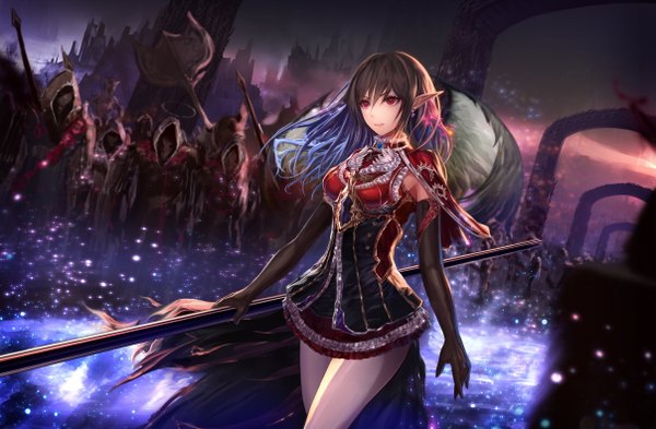 Anime picture 1207x792 with jname long hair red eyes brown hair blue hair looking away multicolored hair pointy ears two-tone hair gradient hair fantasy girl dress gloves weapon earrings black gloves elbow gloves hood short dress