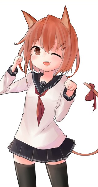 Anime picture 591x1122 with kantai collection ikazuchi destroyer re rally single tall image looking at viewer blush fringe short hair open mouth simple background smile white background brown eyes animal ears tail head tilt animal tail one eye closed wink