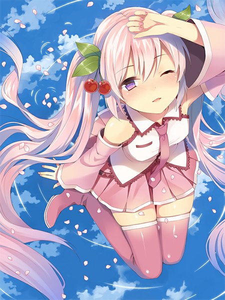 Anime picture 600x800 with vocaloid hatsune miku sakura miku kurasawa moko single tall image looking at viewer blush fringe open mouth purple eyes twintails pink hair sky cloud (clouds) very long hair nail polish one eye closed fingernails from above
