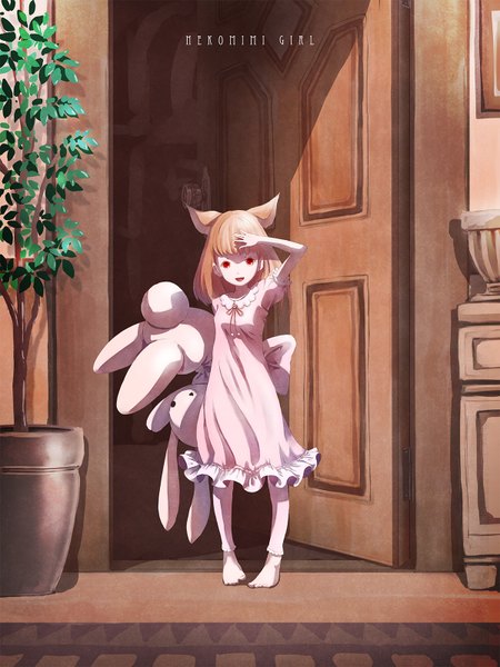 Anime picture 1200x1600 with original satyuas single long hair tall image looking at viewer fringe open mouth smile red eyes brown hair holding animal ears full body indoors barefoot cat ears shadow cat girl shaded face