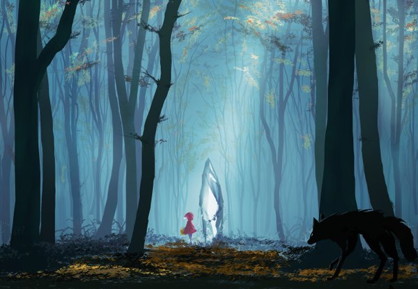 Anime picture 2559x1772 with little red riding hood little red riding hood (character) big bad wolf kayas highres holding sunlight sunbeam girl plant (plants) animal tree (trees) hood leaf (leaves) cape forest basket wolf