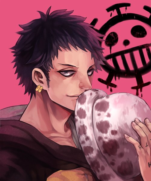 Anime picture 1500x1800 with one piece toei animation trafalgar law teebohne single tall image looking at viewer short hair black hair simple background grey eyes tattoo close-up pink background hat removed headwear removed boy hat earrings