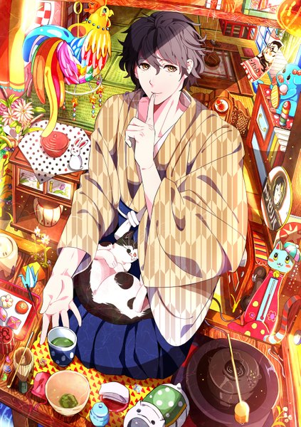 Anime picture 1057x1500 with yuna (rutera) single tall image short hair brown hair sitting yellow eyes traditional clothes japanese clothes kneeling finger to mouth wavy hair seiza boy flower (flowers) animal water window star (symbol) book (books)