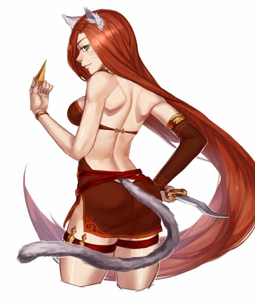 Anime picture 838x1000 with league of legends katarina (league of legends) aesice single tall image breasts light erotic smile green eyes animal ears tail very long hair animal tail looking back from behind cat ears orange hair cat girl cat tail facial mark