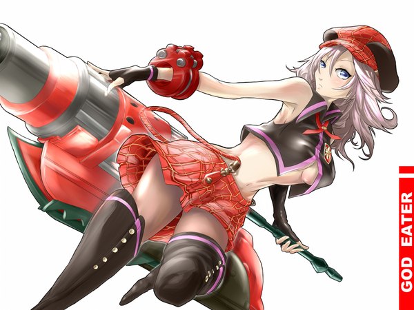 Anime picture 2000x1500 with god eater god eater burst ufotable alisa ilinichina amiella tagme (artist) single long hair looking at viewer highres blue eyes light erotic white background silver hair inscription underboob plaid skirt girl skirt gloves navel