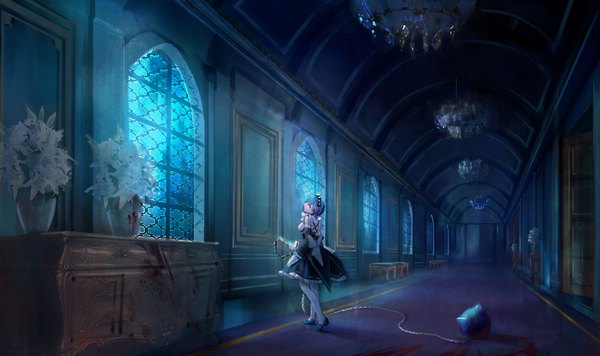 Anime picture 2000x1189 with re:zero kara hajimeru isekai seikatsu white fox rem (re:zero) lin nuli xiulian single looking at viewer blush fringe highres short hair breasts open mouth blue eyes wide image standing holding blue hair cleavage full body indoors